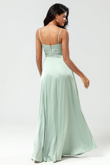 Green A Line Spaghetti Straps Keyhole Bridesmaid Dress with Slit